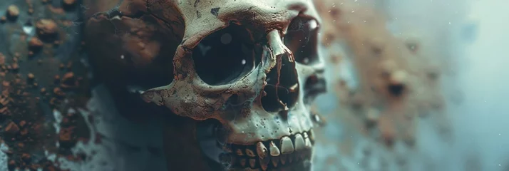 Fotobehang Close-up of a human skull with textures - This eerie image captures a close-up of a human skull, emphasizing the textures and natural decay over time © Mickey