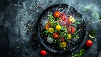 Colorful gourmet salad on a black plate - Top view of a vibrant salad with various tomatoes and greens, styled on a dark plate