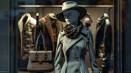 Fototapeta na wymiar A fashionable mannequin models modern glamorous clothing, AI Generative.