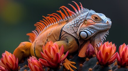   A tight shot of an iguana perched on a plant with vivid red blooms in the front, against a backdrop of unyielding blackness