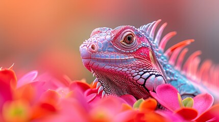 Fototapeta premium A tight shot of an iguana among pink and red blooms, softly blurred backdrop
