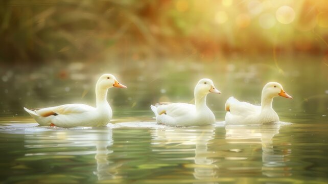 Four white ducks swimming in golden light - A serene image of four white ducks gracefully swimming together in a pond bathed in warm, golden sunlight