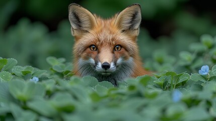 Fototapeta premium A tight shot of a fox's face amidst a sea of green foliage Background softly blurred
