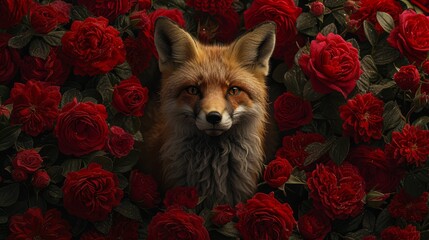   A tight shot of a fox among a mass of blooms Red roses dot the ground behind - obrazy, fototapety, plakaty