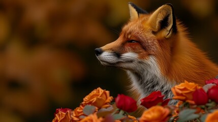  A tight shot of a red fox amidst flowers in the foreground Behind, an array of leaves and blossoms