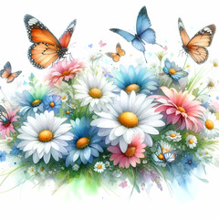 Photo real for Whimsical Watercolors as A playful scene of butterflies and daisies in vibrant watercolor hues in watercolor floral theme ,Full depth of field, clean bright tone, high quality ,include 