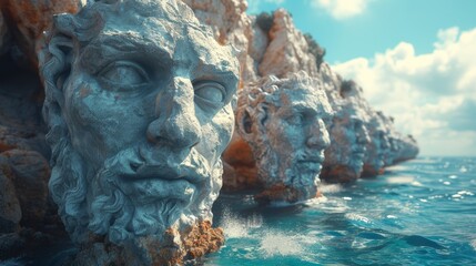   A tight shot of a bearded statuary figure by a water body, surrounded by rough stones in the backdrop