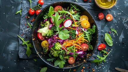 Healthy mixed vegetable salad in a bowl - Freshly prepared vegetable salad with a mix of greens, tomatoes, and radishes in a wooden bowl against a dark background - obrazy, fototapety, plakaty