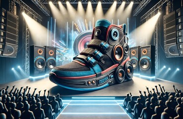 a shoe designed with a theme centered around speakers