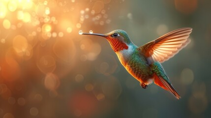   A hummingbird flies through the air, wings fully extended, carrying a single droplet on its beak - obrazy, fototapety, plakaty