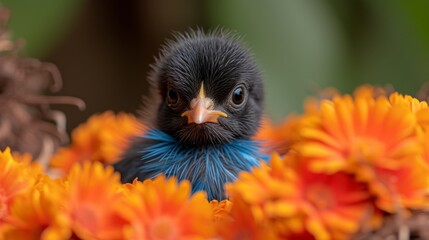 Fototapeta premium A tight shot of a small bird perched among vibrant orange and yellow flowers, surrounded by lush green leaves in the background