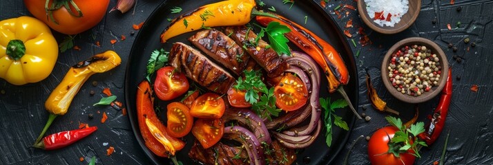 Juicy grilled steak with fresh vegetables on plate - A succulent grilled steak paired with vibrant bell peppers, tomatoes, and onions served on a dark, rustic plate