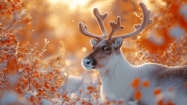   A deer, its antlers adorned, gazes intently from a sea of red blooms in the field