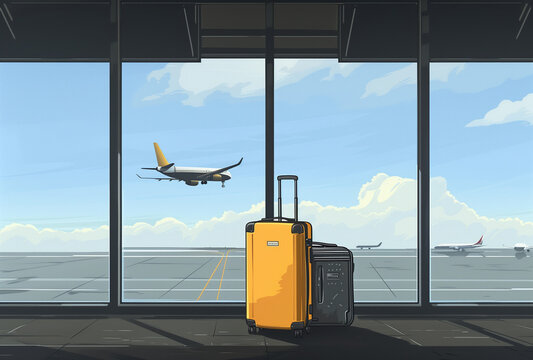 Adventure Awaits, Suitcase at Airport Terminal with Plane Landing, Suited for Vacation Planning and Air Travel Sites