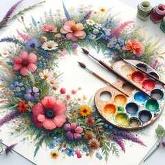Photo real for Blossoming Creativity as A watercolor of an artist palette surrounded by a wreath of wildflowers in watercolor floral theme ,Full depth of field, clean bright tone, high quality ,includ