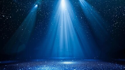 Majestic blue stage lights with glimmering particles - A captivating image showcasing brilliant blue stage lights casting down on a glittery surface, giving a sense of awe and wonder - obrazy, fototapety, plakaty