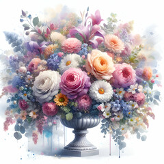 Photo real for Bouquet Brilliance as A dazzling array of watercolor flowers arranged in a stunning bouquet in watercolor floral theme ,Full depth of field, clean bright tone, high quality ,include cop