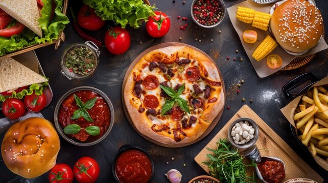 Overhead view of assorted Italian foods - An array of classic Italian foods like pizza, sandwiches, and sauces on a wooden table in a flat lay composition