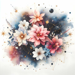 Photo real for Celestial Petals as Flowers arranged in constellations with watercolor stars and galaxies in watercolor floral theme ,Full depth of field, clean bright tone, high quality ,include copy 