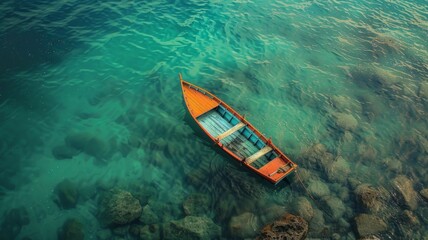 Single orange boat on transparent water - Top down view of an orange kayak on crystal clear sea water over a rocky sea bed in bright sunlight - obrazy, fototapety, plakaty