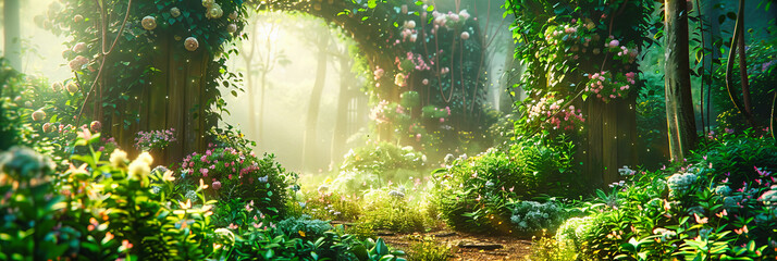 Sunlight Filtering Through the Trees in a Dense Forest, Creating a Mystical and Tranquil Nature Scene