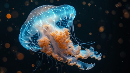   A tight shot of a jellyfish in water, surrounded by bubbles on its dorsal side, against a backdrop of unbroken blackness