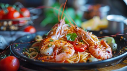 Spaghetti with shrimp in elegant presentation - Colorful and flavorful spaghetti with succulent shrimp, cherry tomatoes, and spices served in a modern black plate