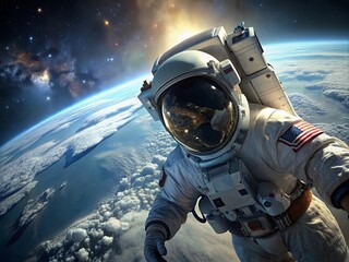 astronaut in space overlooking earth - obrazy, fototapety, plakaty