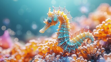   A tight shot of a seahorse amidst corals with a backdrop of a blue sky - obrazy, fototapety, plakaty