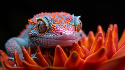   A tight shot of a vibrant gecko atop an orange-pink bloom, gazing with widened eyes
