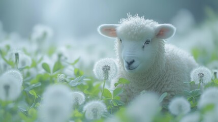 Obraz premium A tight shot of a sheep in a dandelion-filled field, surrounded by soft out-of-focus clouds in the backdrop