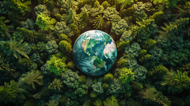 Save the planet's forests. The planet surrounded by forest. Nature conservation concept

