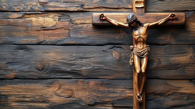   A crucifix on a wooden wall, flanked by wood planks bearing another crucifix