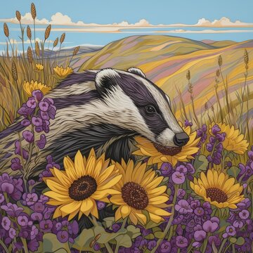   A badger painting amidst sunflower field and wildflowers