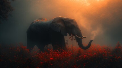   An elephant, with tusks curving down from its mouth, stands amidst a vibrant red flower field Sunlight filters through the trees behind, casting dappled patterns on