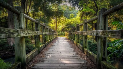 Wooden bridge in serene forest with sunlight - A beautiful capture of a wooden bridge bathed in sunlight filtering through a lush green forest