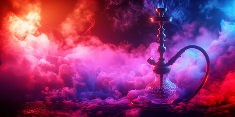 smoky hookah on a dark background of shisha smoke with colored neon blue red light