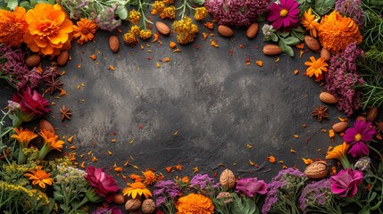   A circular arrangement of flowers and nuts against a black backdrop, allowing room for text or an image