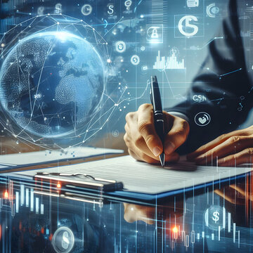 Photo real for Financial Finality as A pen signing off on a financial document superimposed on a backdrop of stock tickers and currency icons. in business digital collaboration theme ,Full depth of fi