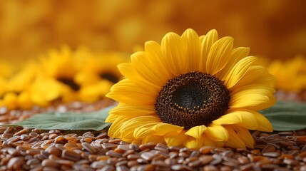   A sunflower's face filled with intricate detail up close, nestled amongst a sea of sunflower seeds Background populated by fellow sunflowers (43 tokens
