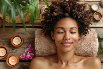 A contented woman with a natural afro hairstyle relaxes during a spa treatment
