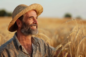 A contented farmer with a straw hat stands amidst a golden wheat field, looking off into the distance with a smile