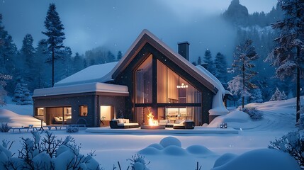 a winter wonderland scene with an AI-crafted image showcasing a remote cabin covered in snow,...