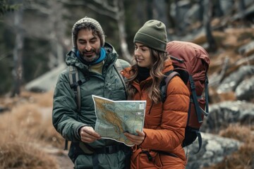 A couple with a backpack consults a map while hiking in the mountains