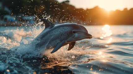 Obraz premium A dolphin leaps from the water, mouth agape, head clearing the surface