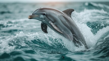 Fototapeta premium A dolphin leaps out of the water, mouth agape, head surfacing