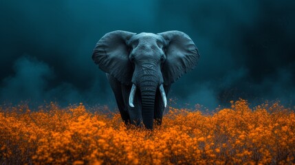   An elephant amidst an orange flower field, against a darkened sky with clouds - obrazy, fototapety, plakaty