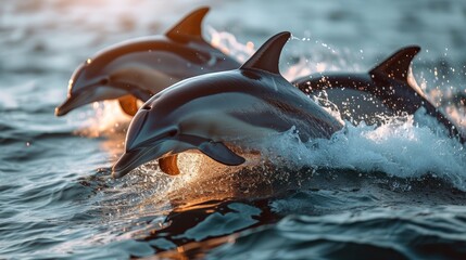  Two dolphins leap from water's edge, heads clear, sun backdrops