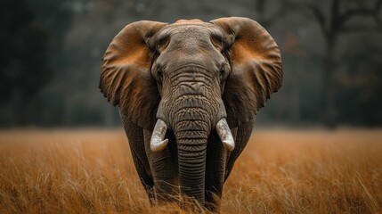   An elephant, bearing tusks, stands amidst a field of tall, brown grass In the background, trees emerge - obrazy, fototapety, plakaty