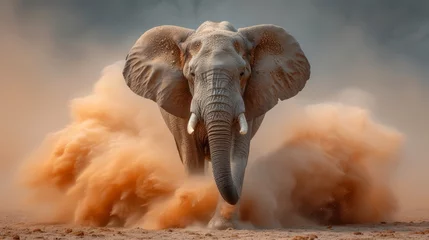 Foto op Canvas   An elephant, with its two tusks, kicks up dust in a dirt field © Wall